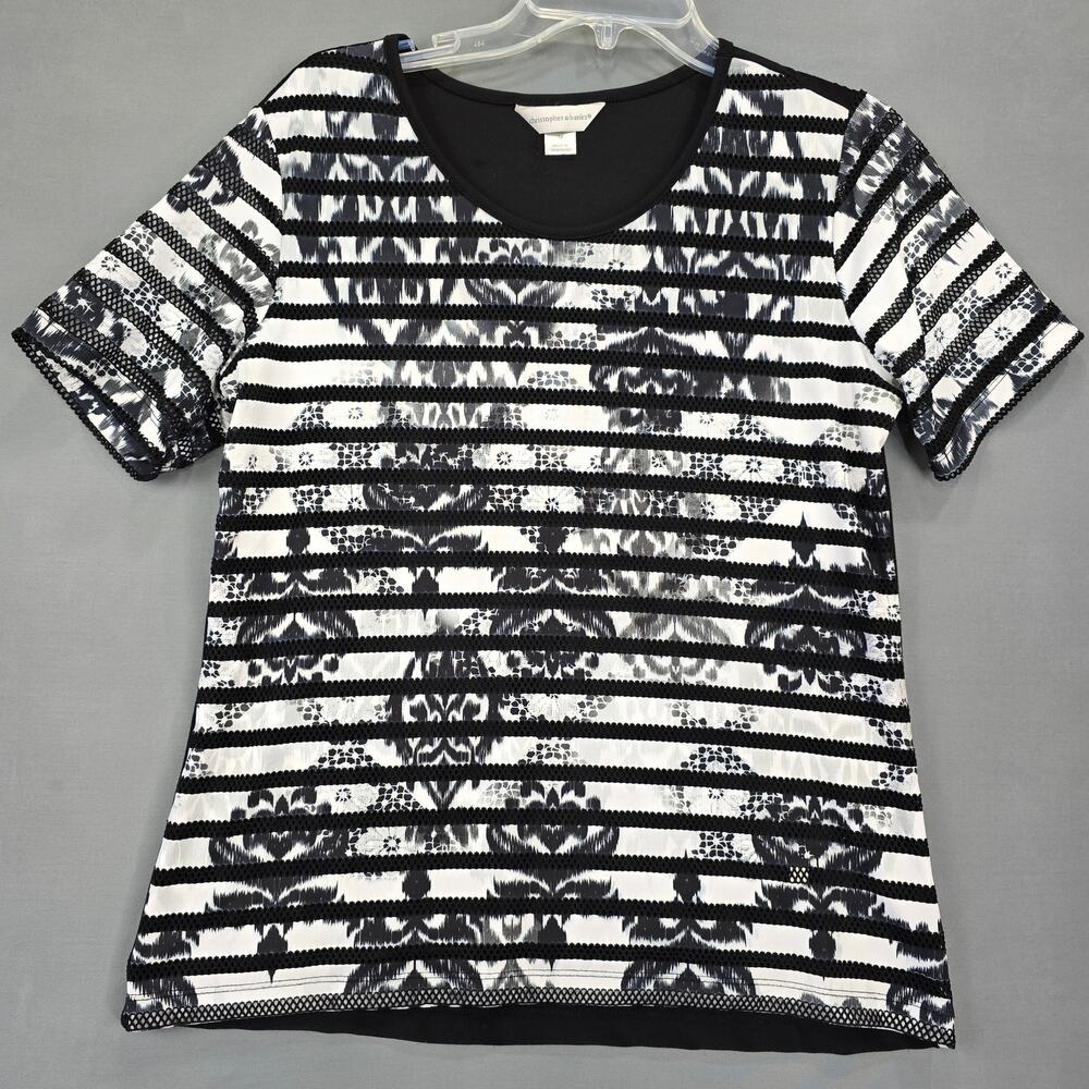 Christopher Banks Black White Floral Shirt Classic Stretch Short Sleeves Women M